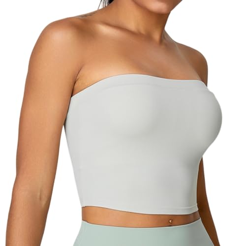 AIEOE Damen Crop Tops Gepolsterter Sport BH Tube Top Fitness Yoga Tanktop Workout Laufshirts Trägerlos BH Bandeau Top Rückenfrei Bralette L Weiß von AIEOE