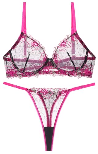 AIEOE Damen Dessous Set Spitze BH Unterwäsche und Slip Verstellbare Strapsen Babydoll Frauen Reizwäsche Lingerie Höschen Nachtwäsche Outfit - L von AIEOE