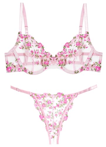 AIEOE Damen Dessous Set Spitze BH Unterwäsche und Slip Verstellbare Strapsen Babydoll Frauen Reizwäsche Lingerie Höschen Nachtwäsche Outfit - M von AIEOE