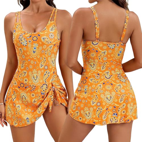 AIEOE-Damen Einteilige Badeanzug Elegant Badeanzugkleid Schwimmrock Retro Ruched Bauchweg Schwimmkleid mit V-Ausschnitt Baderock Tankini M Gelb von AIEOE