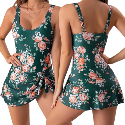 AIEOE-Damen Einteilige Badeanzug Elegant Badeanzugkleid Schwimmrock Retro Ruched Bauchweg Schwimmkleid mit V-Ausschnitt Baderock Tankini XXL Grün von AIEOE