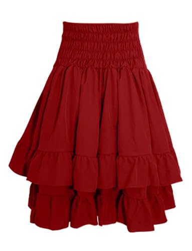 AIEOE Damen Gothic Rock A-Linie Rock Vintage Mittelalter Rock Steampunk Röcke Hohe Taille Skaterrock Plissee Flare Rüsche Rock mit Kordelzug M Rot von AIEOE