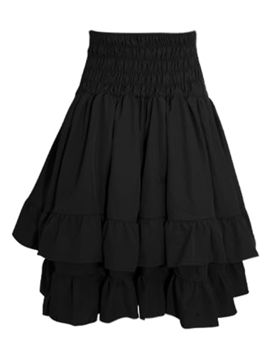 AIEOE Damen Gothic A-Linie Rock Vintage Mittelalter Steampunk Hohe Taille Skaterrock Plissee Flare Rüsche Mit Kordelzug M Schwarz von AIEOE