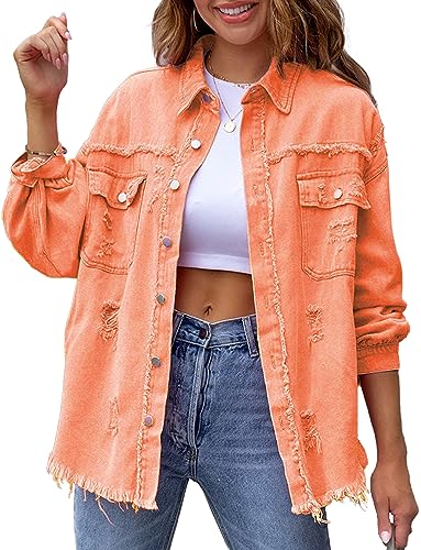 AIEOE Damen Jeansjacke Female Jeans Jacke Übergangs Jacke Langarm Denim Jacke Vintage Übergroße Jeansjacke Orange M von AIEOE