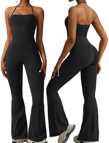 AIEOE--Damen Jumpsuit Lang Sport Frauen Flared 2-In-1 Bodysuit Yoga Playsuit Fitness Workout Bodycon Stretch Overall Sommer Romper Weites Bein Hose S Schwarz von AIEOE