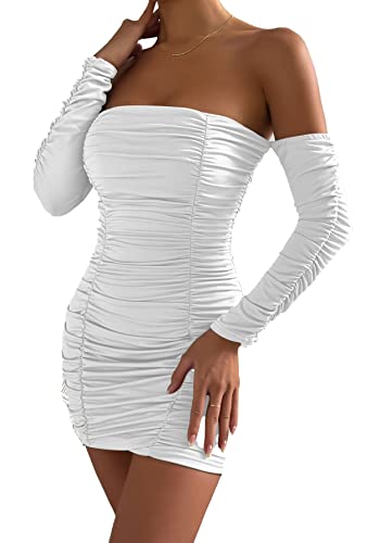 AIEOE Kleid mit Trompetenärmel Damen Sexy Rückenfrei Figurbetontes Kleider Lange Ärmel für Party Elegant Mini Größe XS Weiß von AIEOE