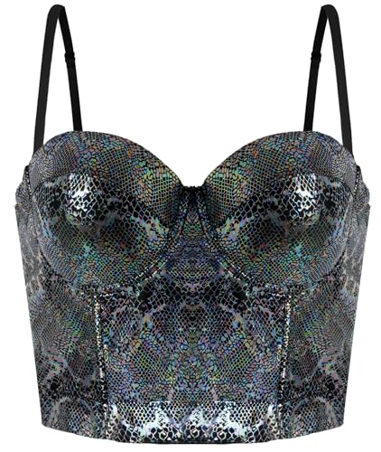 AIEOE Damen Korsett Bustier BH Dessous Snake-Print Tank ärmelloses Top Trägertop mit Gepolstert Crop Corsage Clubwear Shirt Spaghettitop mit abnehmbaren Trägern Schwarz - XS von AIEOE