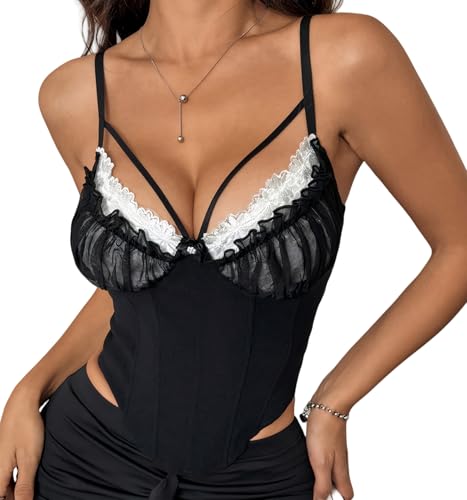 AIEOE Damen Korsett Bustier BH Dessous Tank Top Trägertop Crop Top Corsage Schlanke Weste Gothic Oberteil Damen Spitze - M von AIEOE