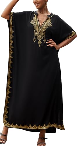 AIEOE Damen Maxi Kaftan Strandkleid im Böhmischen Stil Lange Strand Loungewear Sommer Einheitsgröße Large Schwarz C von AIEOE