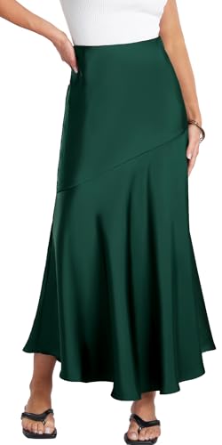 AIEOE Damen Satin Rock Lang A-Linie Hohe Taille Midirock Sommer Elegant Maxirock Büro Casual Mit Flowy Flared Hem M Grün von AIEOE