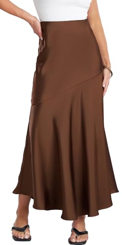 AIEOE Damen Satin Rock Lang Hohe Taille Midirock Sommer A-Linie Elegant Maxirock Büro Casual Mit Flowy Flared Hem XL Braun von AIEOE
