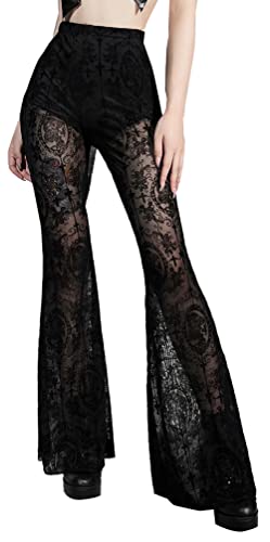 AIEOE Damen Schlaghosen Gothic Forbidden Pants Frauen Vintage Gedruckt Lange Ausgestellte Hose Sexy Spitze Durchsichtige Schlaghosen Hoch Tailliert Hohl Aus Bell Bottoms S von AIEOE