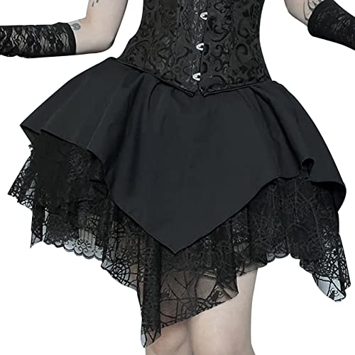 AIEOE Damen Schwarz Spitze Punkrock Steampunk High Waist A Linie Rock Vorne Kurz Hinten Lang Gothic Minirock Größe S von AIEOE