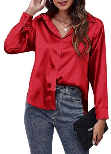 AIEOE Damen Seideshirt Blusen Langarm Hemden Button Down Satinshirt Arbeitsshirt Elegant Casual Oberteile Business Bluse mit V-Ausschnitt M Tiefrot von AIEOE