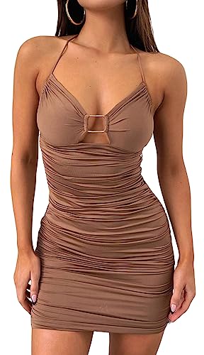 AIEOE Damen Sexy Minikleid Nude Rücken Plissee Kleid mit Kordelzug Ausschnitt von Curvy Summer Fashion Einfarbig Größe S Braun von AIEOE