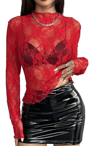 AIEOE Damen Sheer Mesh Tops Langarm Durchsichtig Spitze Oberteil Transparentes Shirt Tunika Blumen Lace Clubwear Größe S Rot von AIEOE