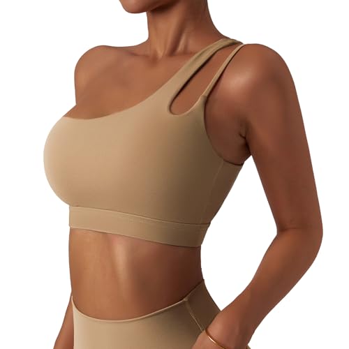AIEOE Damen Sport BH Fitness Workout BH One Shoulder Bra Yoga Bra Bustier Ohne Bügel Push up Bralettes Gepolstert Tank BH Tops Sexy Sportbekleidung M Braun von AIEOE