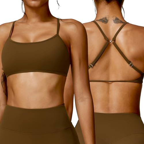 AIEOE Damen Sport BH Workout BH Yoga Fitness Bra Ohne Bügel mit Gepolstert Push up Oberteil Spaghettiträger Bustier Crossback Bra XL Braun von AIEOE