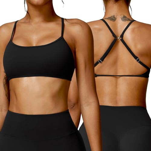 AIEOE Damen Sport BH Workout BH Yoga Fitness Bra Ohne Bügel mit Gepolstert Push up Oberteil Spaghettiträger Bustier Crossback Bra XL Schwarz von AIEOE
