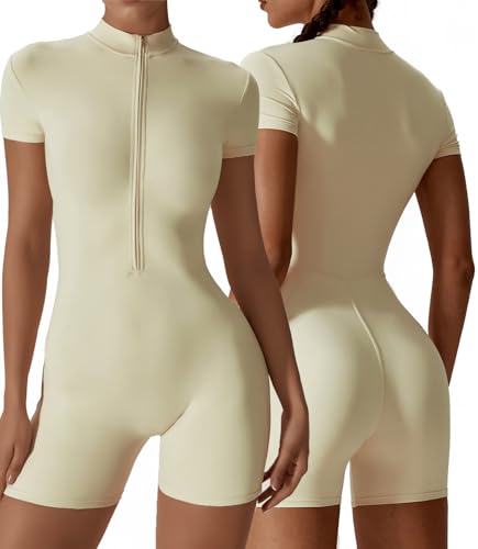 AIEOE Damen Sport Jumpsuit mit Kragen Sexy One Piece Bodycon Ärmellose mit Reißverschluss Eng Yoga Größe M Beige B von AIEOE