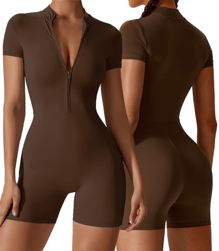 AIEOE Damen Sport Jumpsuit mit Kragen Sexy One Piece Bodycon Ärmellose mit Reißverschluss Eng Yoga Größe M Braun B von AIEOE