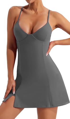 AIEOE Damen Sportliche Tenniskleid Golfkleid mit Shorts Sommerkleid Trainingskleid mit BH Active Dress Kleid Spaghettiträger für Golf Tennis Sport Yoga S Grau von AIEOE
