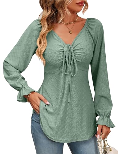 AIEOE Damen T-Shirts Langarm Blusenshirt Elegant Tunika V Ausschnitt Damenblusen Sommer Oberteile Lässig Hemd Kordelzug Front S Schwarz Grün von AIEOE
