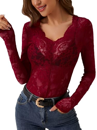 AIEOE Damen Tops Langarm V-Ausschnitt Lace Clubwear Durchsichtig Spitze Oberteil Transparentes Shirt Tunika Blumen Größe S Rot von AIEOE