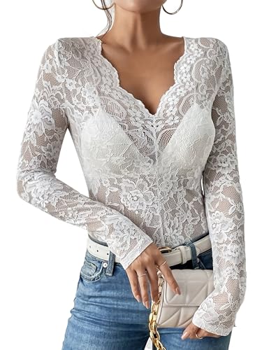 AIEOE Damen Tops Langarm V-Ausschnitt Lace Clubwear Durchsichtig Spitze Oberteil Transparentes Shirt Tunika Blumen Größe S Weiß von AIEOE
