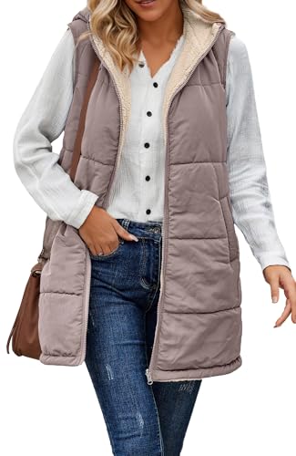 AIEOE Damen Westen Lang Weste Damen Herbst mit Kapuze Ärmellose Jacke Damen Winter Damenwesten Ärmellos Elegant XXL Braun von AIEOE