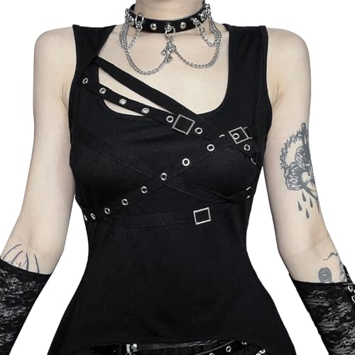 AIEOE Damen Y2k Tank Top Crop Top Gothic Oberteile Cami V Ausschnitt Oberteil Club Party Streetwear Kleidung Sommer Top Slim Fit Shirt L Schwarz von AIEOE
