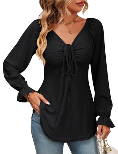 AIEOE Damenblusen Sommer Oberteile Damen Lässig Tunika V Ausschnitt Blusenshirt Elegant T-Shirts Langarm Hemd Kordelzug Front XL Schwarz von AIEOE