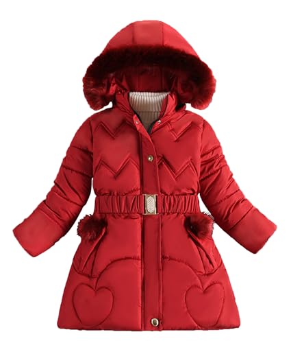 AIEOE Daunenmantel Mädchen Kinder Winterjacke Wintermäntel Kapuze Kinderjacke Medium Länge Warme Jacke Winddichte Outdoorjacke Steppjacke 130cm Rot von AIEOE