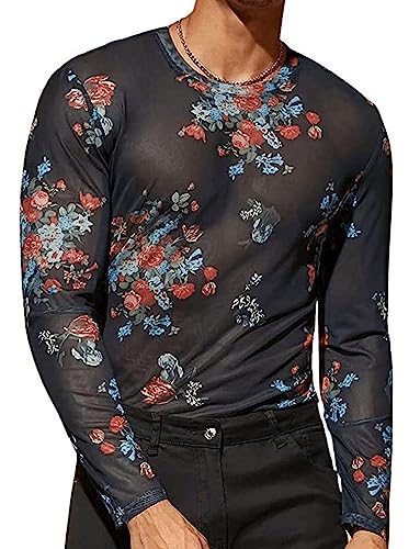 AIEOE Durchsichtiges Hemd Herren Shirt Langarm Netz Clubwear Party Langarmshirt Blumen EU Größe L/Herstellergröße XL von AIEOE