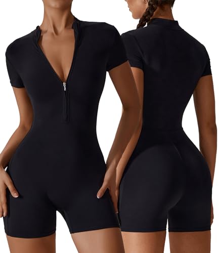 AIEOE Einteiler für Damen, Yoga-Jumpsuits, langärmelig, Shorts, Sport-Strampler, einteilig, enganliegend, figurbetont, Workout, gerippter Body, halber Reißverschluss, dehnbar, Playsuit S-XL, Q1, von AIEOE