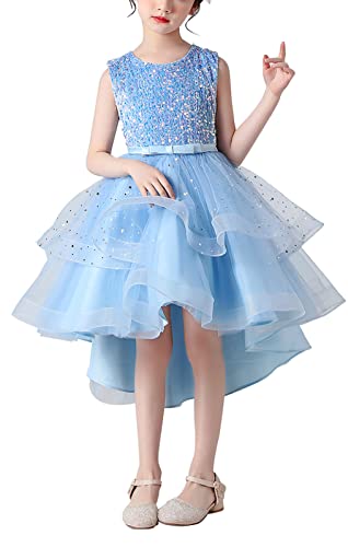 AIEOE Elegantes Sommerkleid für Mädchen ärmelloses Kleid für kleine Mädchen mit Reißverschluss Tüll Pailletten für Partyzeremonie geeignet von 9-10 Jahren Blau von AIEOE