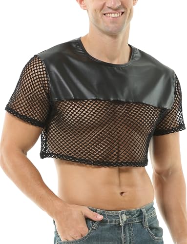AIEOE Fischnetz Crop Top Herren PU Kunstleder Durchsichtiges Oberteil Kurz T-Shirt Rundhals Netz Sport Tops - M von AIEOE