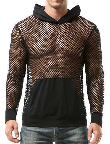 AIEOE Fischnetz Langarmshirt Herren Muskel Transparent Hoodie Netz Shirts mit Kapuze Locker Sweatshirt Dünn Atmungsaktiv Casual Frühling Herbst - M von AIEOE