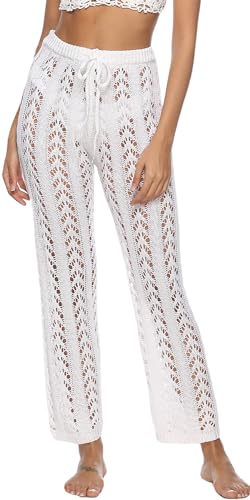 AIEOE Frauen Transparente Strandhose Cover Up Damenhose mit Spitze Weites Bein Durchsichtig Netzhose Größe S Weiß C von AIEOE