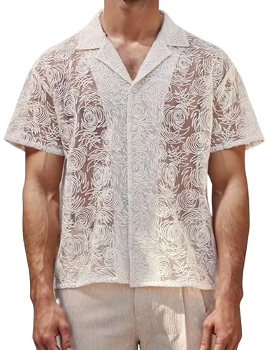 AIEOE Freizeithemd Kurzarm Männer Spitzenhemd Sommer Lässig Lace Shirt Outfit Beige 02 EU Größe XXL/Herstellergröße 3XL von AIEOE
