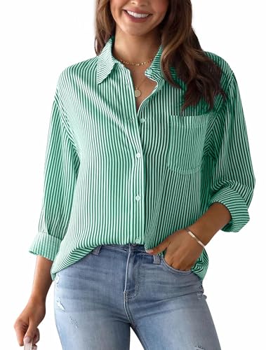 AIEOE Gestreiftes Hemd Damen Langarm-Shirt für Damen Bluse Mit V Ausschnitt Damen Elegant Button Down Hemd Damen XXL Grün von AIEOE