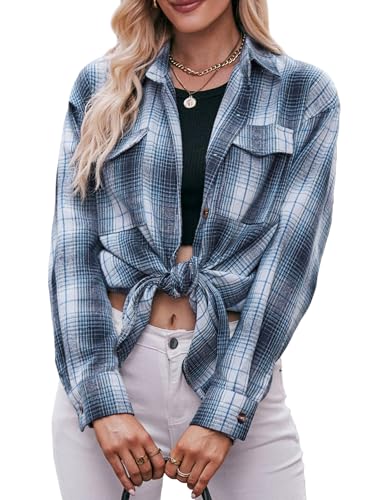 AIEOE Gingham Hemd Damen Kariertes Shirt mit Knopfleiste Kariertes Hemd Langarmbluse Elegant Tunika Blusen Button Down Shirt mit V-Ausschnitt L Blau von AIEOE