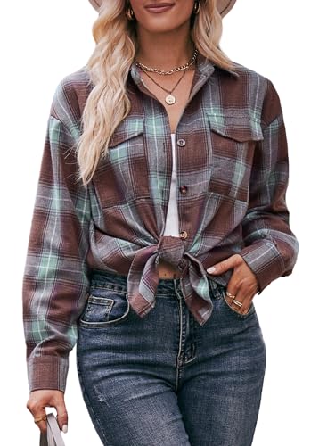 AIEOE Gingham Hemd Damen Kariertes Shirt mit Knopfleiste Kariertes Hemd Langarmbluse Elegant Tunika Blusen Button Down Shirt mit V-Ausschnitt L Grünlich braun von AIEOE