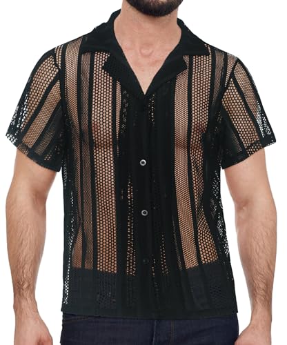 AIEOE Hemd Herren Transparent Spitze Kurzarm Freizeithemd Sommer T-Shirt Männer Lace Shirts V-Ausschnitt Spitzenhemd Casual Sommerhemd - EU XL (Asie 2XL) von AIEOE