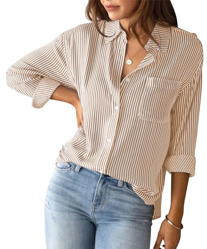 AIEOE Hemden Button Down Damen Gestreifte Oberteile Langarm Hemden Elegante Bluse Stilvolle Tunika Shirt Büro Arbeit Blusen mit V-Ausschnitt L Kahki von AIEOE
