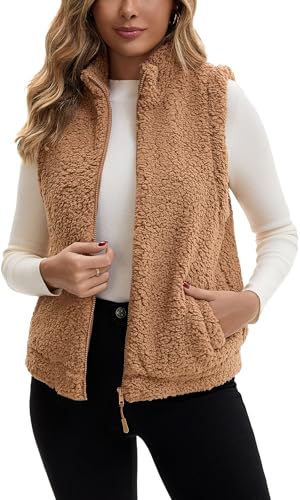 AIEOE Herbst Winter Weste Kurze Damen Ärmellose Fleeceweste Leicht Steppweste Wärme Reißverschluss Damen Größe L Khaki von AIEOE
