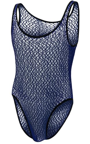 AIEOE Herren Ärmellos Bodysuit Spitzen Durchsichtig Playsuit Einteiler Mesh Stringbody Nachtwäsche Fischnetz Dünn Spitzenbody Clubwear EU M (Asie L) von AIEOE