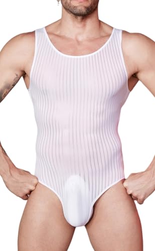 AIEOE Herren Ärmellos Bodysuit Streifen Durchsichtig Playsuit Einteiler Muskeln Stringbody Skinny Dünn Jumpsuit Clubwear Einheitsgröße von AIEOE
