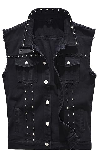AIEOE Herren Ärmellos Jeansjacke Casual Denim Weste Cowboy Weste Revers Ärmellose Weste Hip Hop Streetwear Outwear mit Taschen, Schwarz , XXL von AIEOE