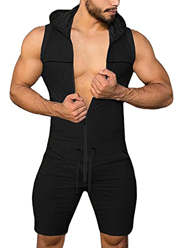 AIEOE Herren Ärmellos Strampler Onesie Overall Jumpsuit Stretchy Body Bodysuit mit Reissverschluss Jogginganzug Slim Fit Männer T-Shirt Kapuze Kurz Hosen von AIEOE